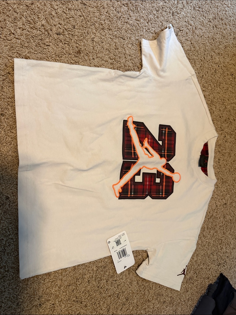 Jordan White Tee with Red Plaid '23' and Orange Jumpman